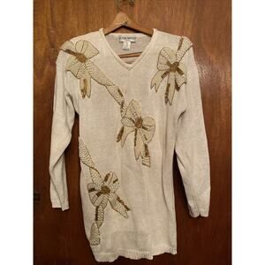 VTG Victoria Harbour Sweater Dress Boxy White Holiday Now Embellishments V-Neck